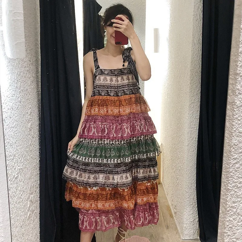 [LIVIVIO] длинное платье с бретельками и рюшами Boho без рукавов женское летнее