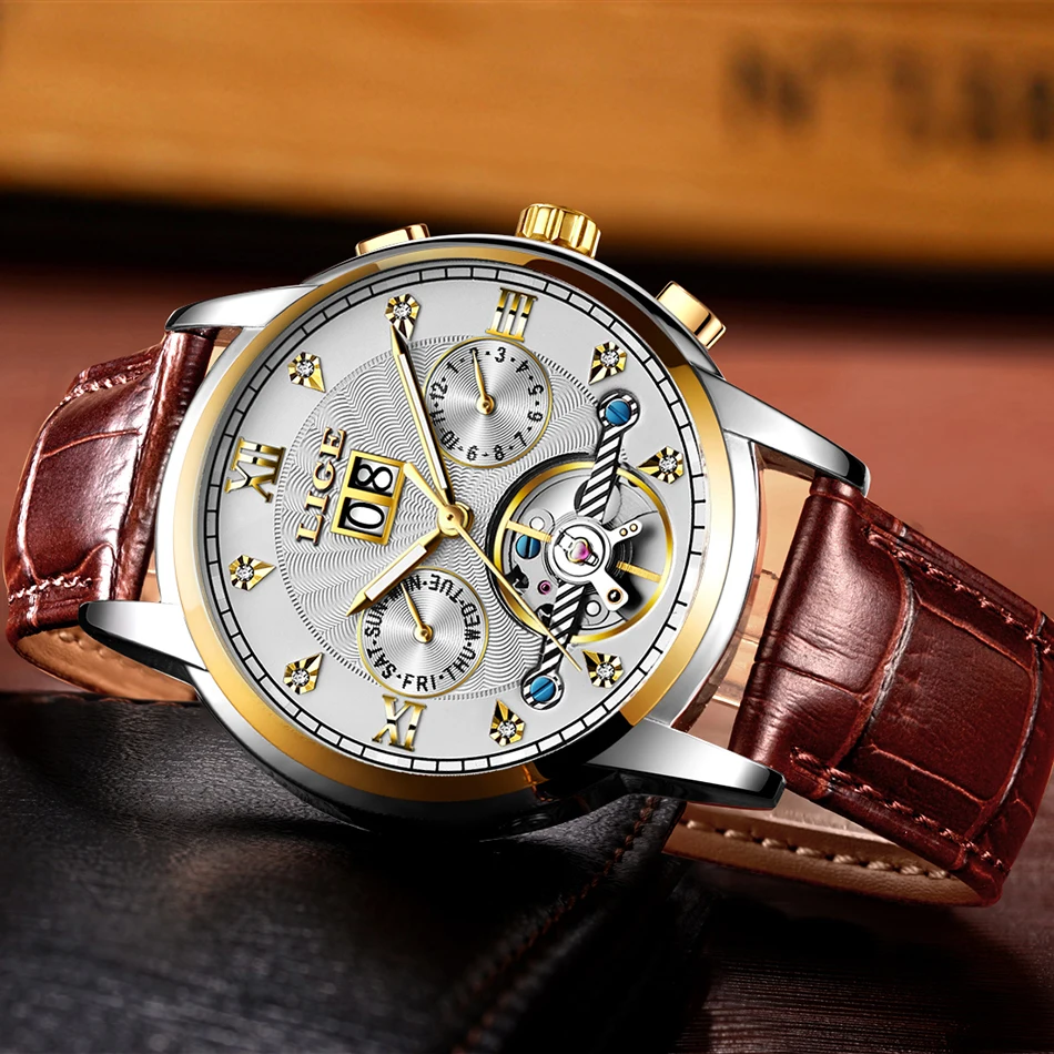 LIGE мужские часы с бриллиантами автоматические часы кожаные водонепроницаемые механические часы мужские военные спортивные наручные часы Relogio Masculino
