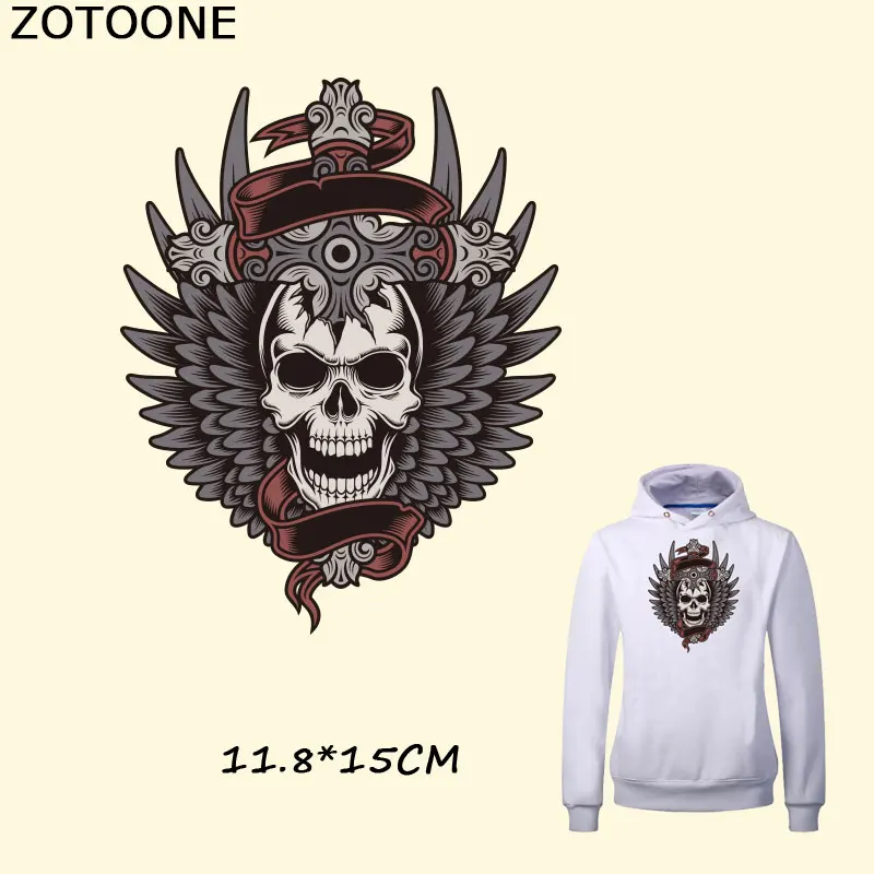 

ZOTOONE Skull Punk Patches Black Angel Wings Patch 11.8*15CM Iron on Transfers DIY Accessory Decoration Print on T-shirt Jeans D