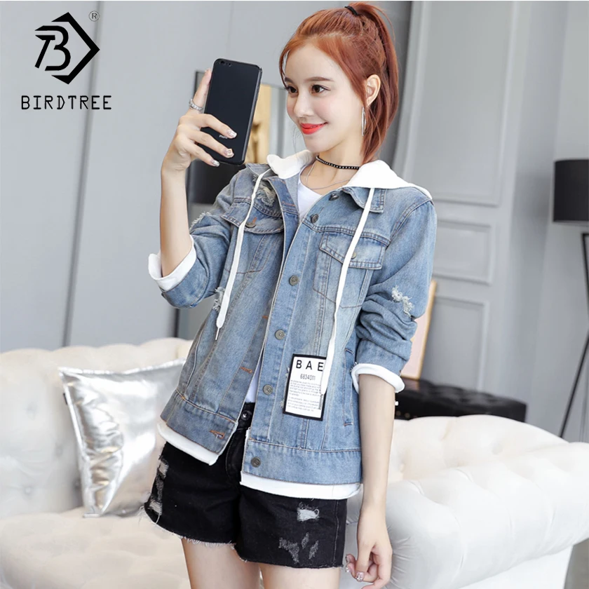 

Women's Denim Jacket Loose Elegance Full Sleeve Fashion Hooded Loose Short Tops Female Casual Girls Outwear Hots C80626L