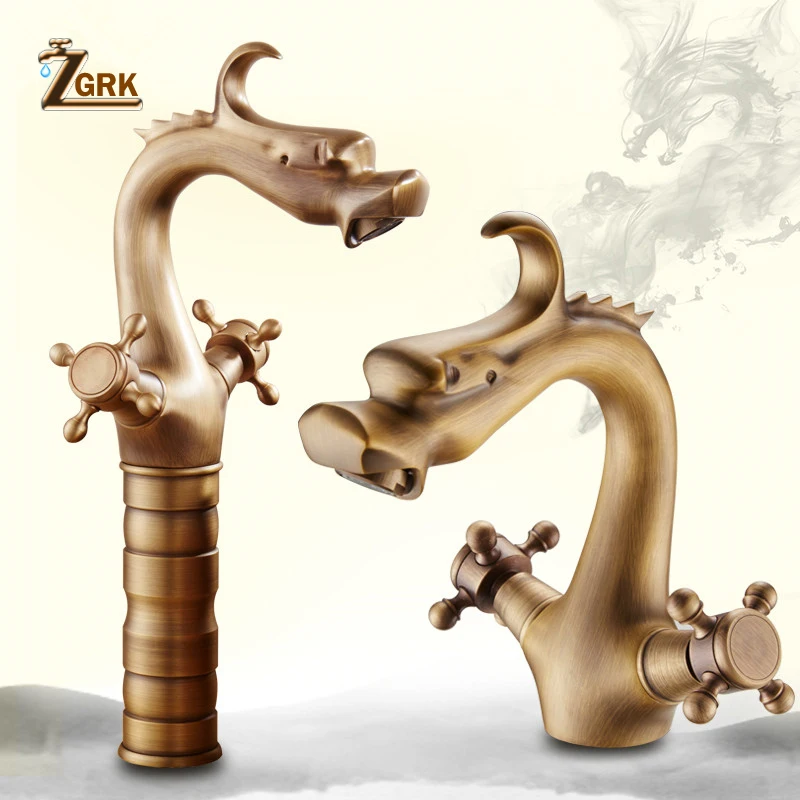 ZGRK Chinese Dragon Type Deck Mounted Cock Design Dual Handles Single Hole European Style Rural White Gold Bathroom Faucet