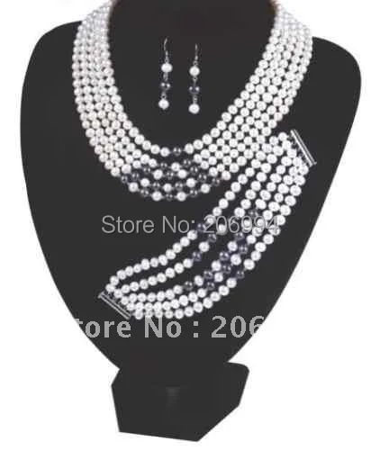 

Beautiful 6-7mm White Black freshwater Pearl Necklace Bracelet Earring fashion jewelry set