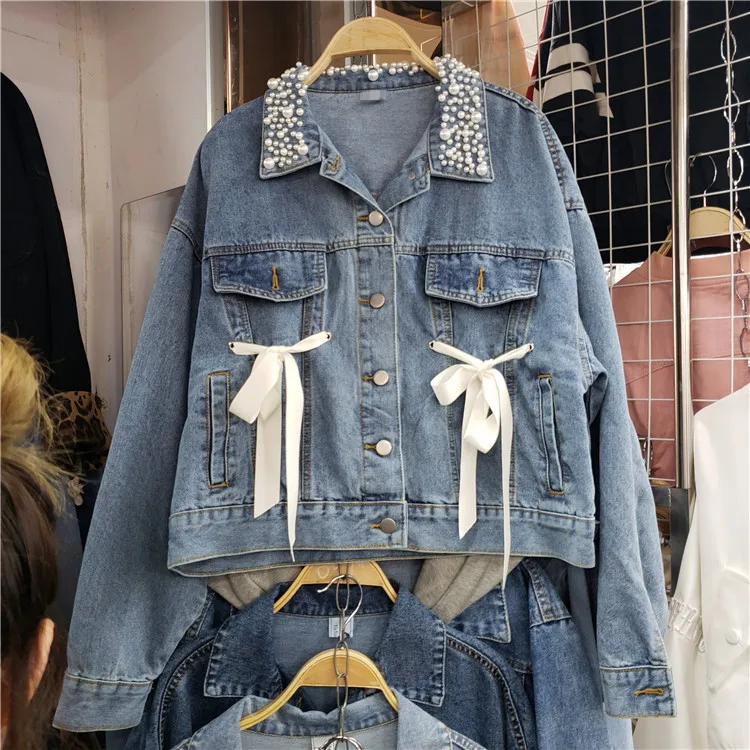 

2019 Spring Autumn New Loose Bow Cowboy Short Coat Women's Hand Beaded Denim Coats Short Jacket Female Students Basic Coats