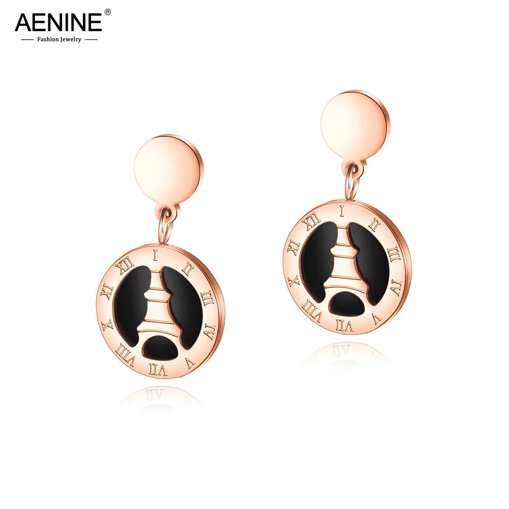 

AENINE Trendy Stainless Steel Round Roman Numerals Stud Earrings Geometirc Rose Gold Earring Party Xmas Gift Ohrringe OGE491
