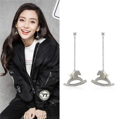 hobbyhorse pearl full cz long earrings 925 silver post Hypoallergenic fadeless fashion jewelry stud earrings for women gift