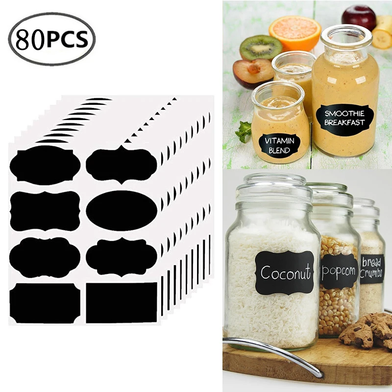80pcs/set Waterproof Premium Chalkboard Labels Kitchen Home Kitchen Jars Bottle Stickers Reused Wedding Party Decor Black Labels