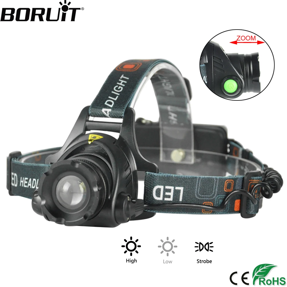 Best BORUiT 1000lumens T6 LED Headlamp 3 Mode Zoom Headlight 18650 Battery Head Torch Camping Fishing Flashlight Lantern