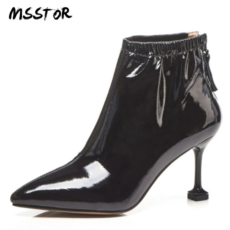 

MSSTOR Pleated Patent Leather Stiletto Sexy High Heels Elegant Concise Zipper Party Winter Ankle Boots For Women Autumn Shoes