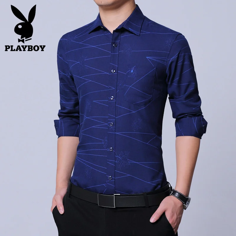 PLAYBOY новая рубашка мужская клетчатая без кармана Мужская одежда Slim Fit Мужская рубашка с длинными рукавами мужская повседневная мужская рубашка соцразмер Social - Цвет: color 4