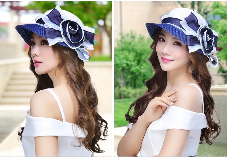 2018 New Spring Summer Straw Sun Hat Ladies Curling Sun Beach Hat Korean Sun Cap Female Flowers Summer Hat B-3144