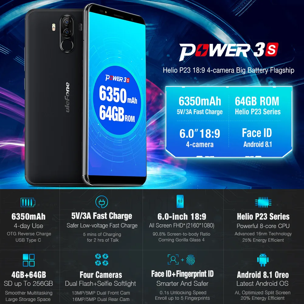 

6350mAh 6.0 HD Ulefone Power 3s Smartphone 4G Android 8.1 Octa Core 4GB+64GB Apr18