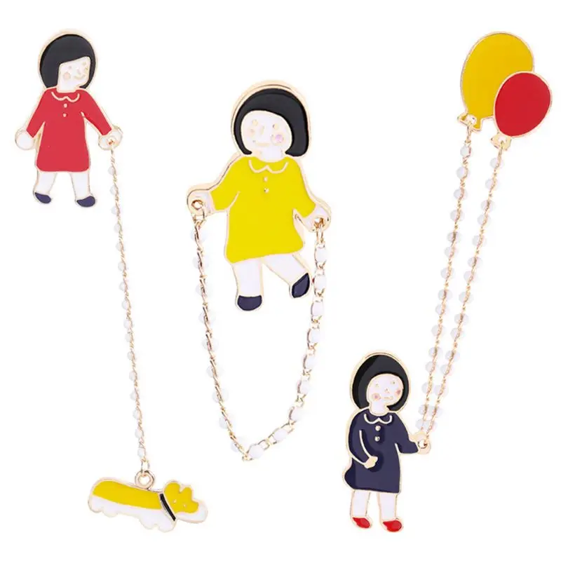 

3.6x2.2cm Cute Cartoon Little Girl Walking the Dog,Jumping Rope, Putting a Balloon Chain Brooch Fof Kids Gift 2019 Gifts
