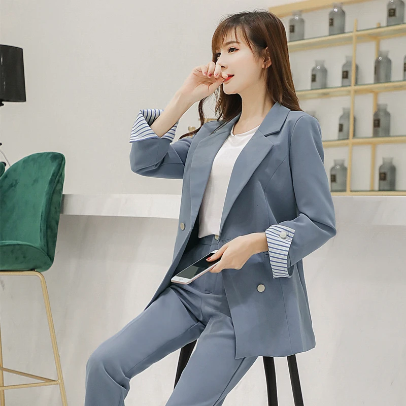 New Autumn Winter Women's Pants Suits Blue And Pink Fashion Solid Turn-down Collar Tops And Casual Pants Two Piece Sets S99023L