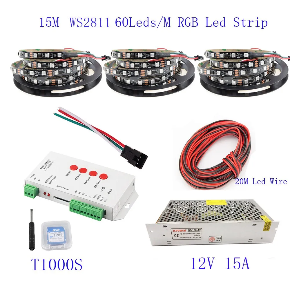 20 м 15 M 10 м 5 м WS2811 Светодиодные ленты WS2811 IC 60 Светодиодный s/M RGB Smart Pixel полосы + T1000S светодиодный Controller + 12 V светодиодный источника питания