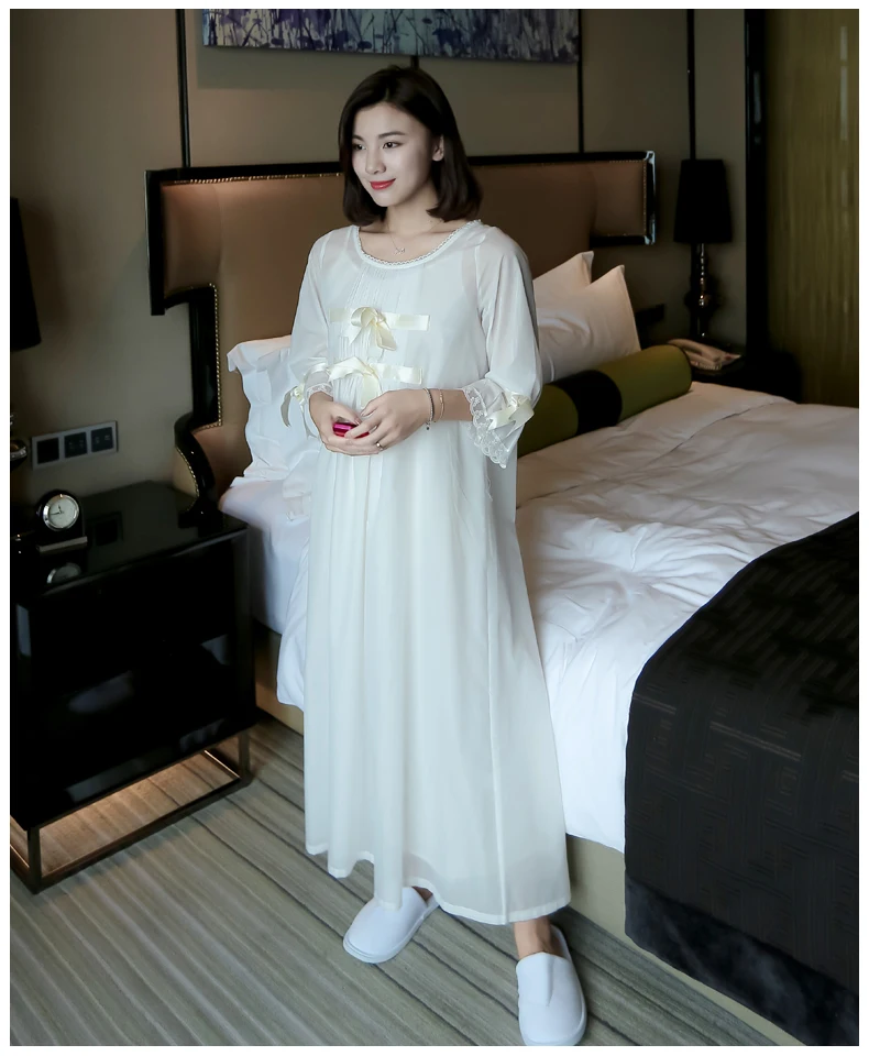 Autumn Summer White Silk Cotton 2- Pics Women's Long Nightgowns Elegant Sweet Princess Royal Loose Plus Size Sleepwear 5589