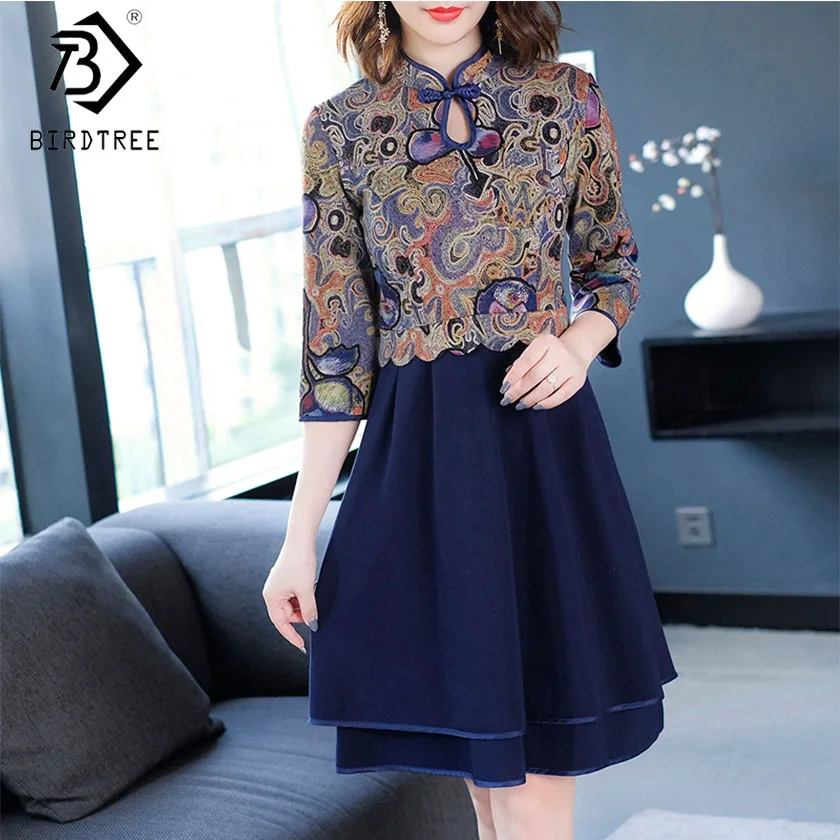 

2019 Spring Women Print Button Zipper Hollow Out A Line High Waist Dress Three Quarter Sleeve Stand Top Vintage D8D010J