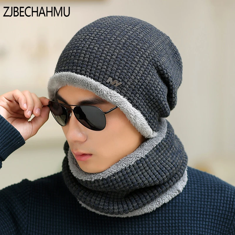 

Winter Beanies knit neck warmer hats Men women Beanies Wool Lining Thick balaclava Winter Hat Cap Scarf Sets Skullies Bonnet set