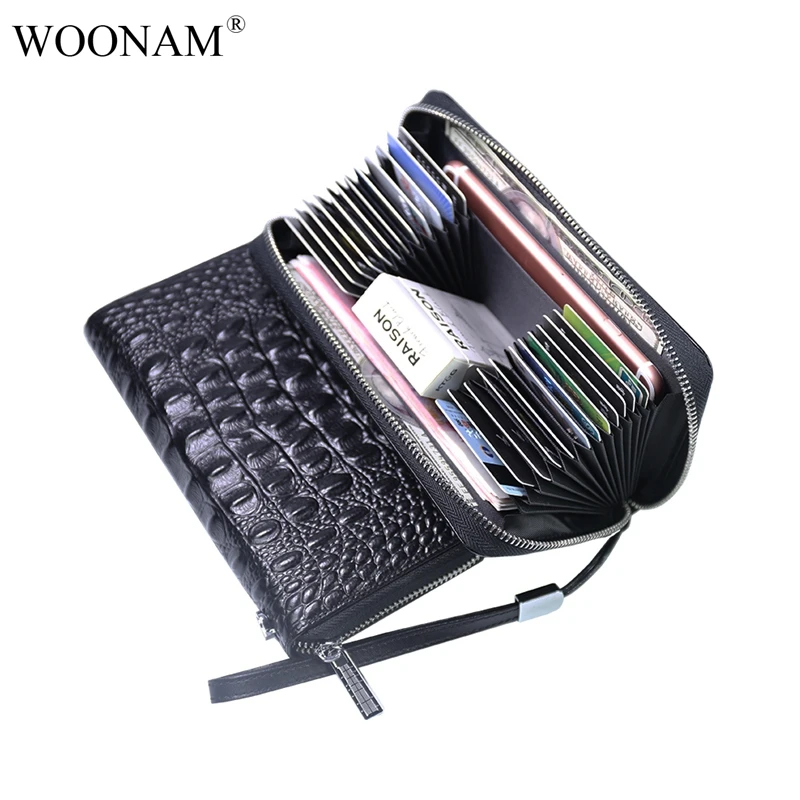 

WOONAM Genuine Cowhide Leather in Alligator Crocodile Pattern New Large Capacity Long Zippy Multi Card Slots Clutch Wallet WB821