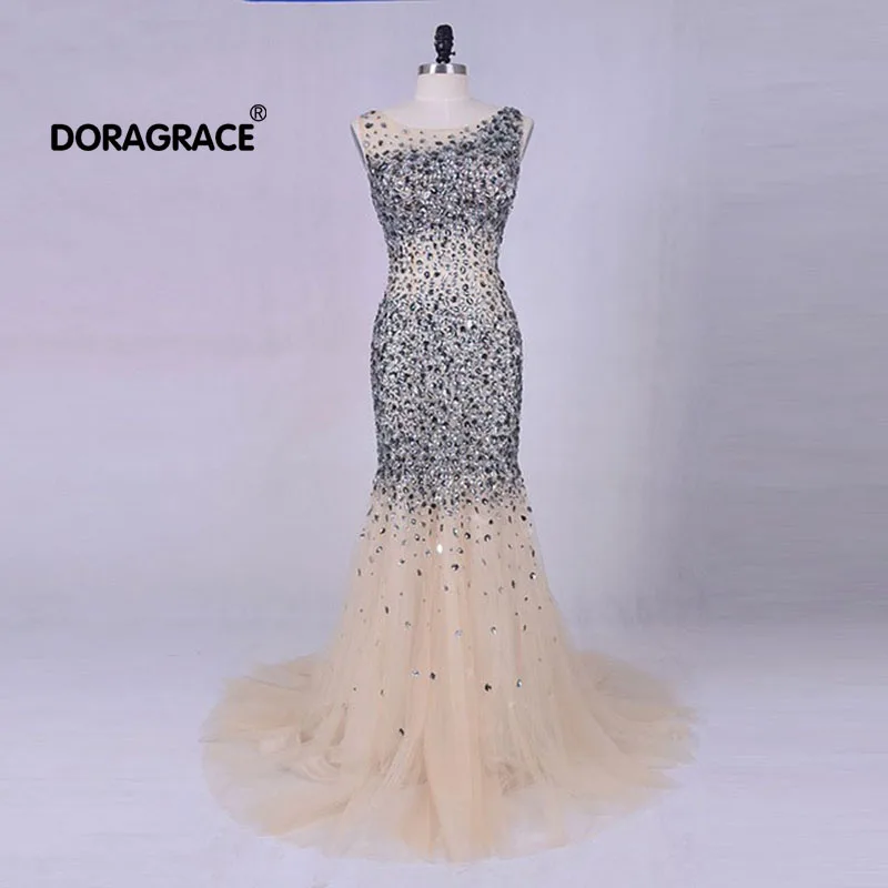 

Doragrace Real Picture Luxury Crystal Evening Dresses Mermaid Prom Gowns Formal Evening Party Dresses Custom Made