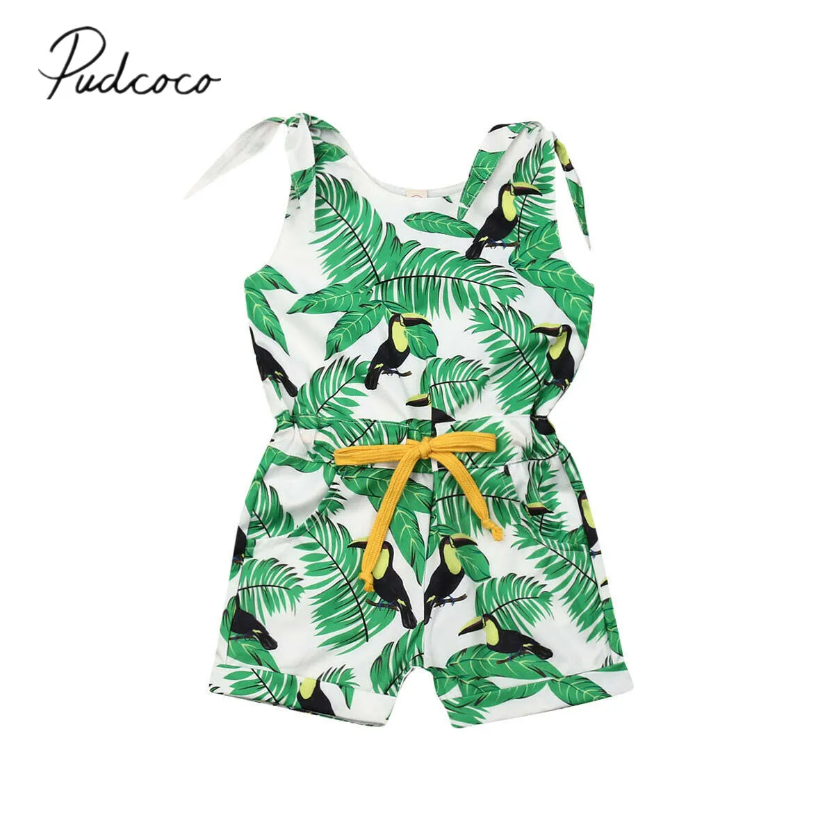 

2019 Baby Summer Clothing Infants Kids Baby Girls Romper Clothes Sleeveless Leaves Flowers Print Sash Bow Jumpsuits Outfit 1-6Y