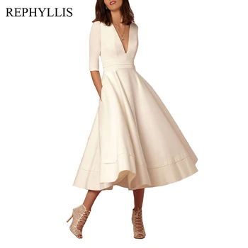 

REPHYLLIS Women Vintage Deep V Neck 1/2 Sleeve A Line Fit Flare Casual Banquet Cocktail Party Ceremony Wedding Prom Long Dress
