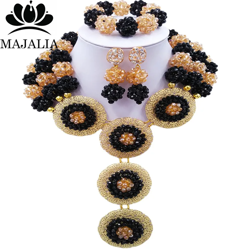 

Majalia Fashion Nigeria Wedding African Beads Jewelry Set Black and gold ab Crystal Necklace Bridal Jewelry Sets 3SP029