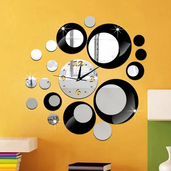 

DIY circle combination acrylic mirror sliver black wall clock Silent wall clock Creative art self-adhesive wall sticker