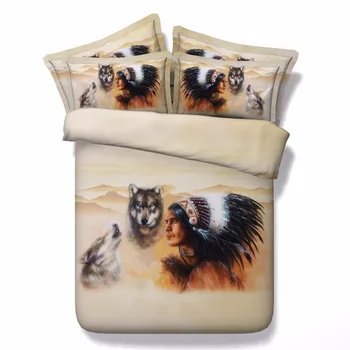 

3D Indian Woman with Horse/Wolf Modal Cotton Bedding Set 4pcsTwin/Queen/King/Super King Size Duvet Cover Sheet Sets Home Textile