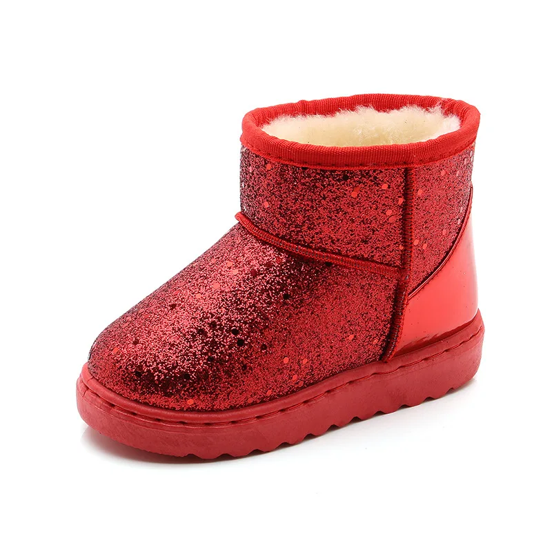 Детские шикарные зимние ботинки; теплые плюшевые ботильоны с блестками; нескользящие зимние ботинки на плоской подошве для маленьких детей - Цвет: LRed