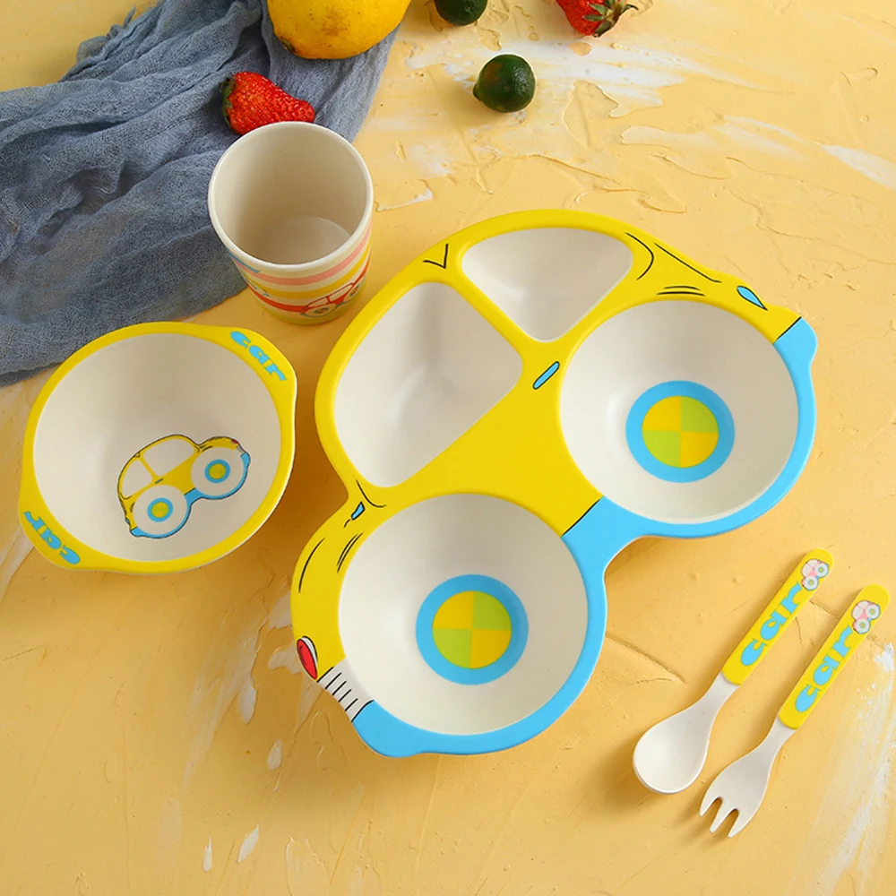 

5Pcs/Sets Baby Dish Bamboo Tableware For Kids Baby Feeding Set Dishes Fiber Bowl With Cup Spoon Plate Fork Dish Child Utensils