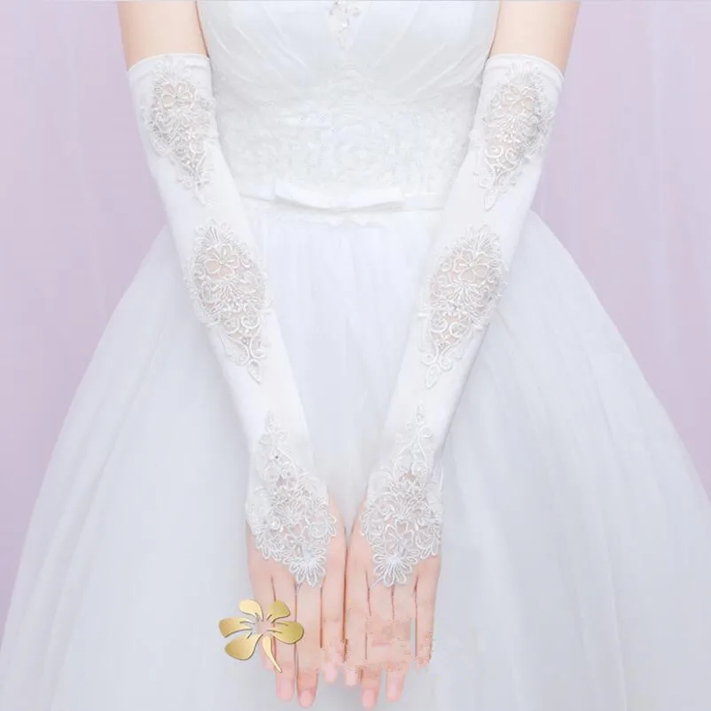 Длина оперы прозрачные кружевные атласные длинные перчатки для невесты свадебные перчатки для невесты цвета слоновой кости танцевальные перчатки для женщин