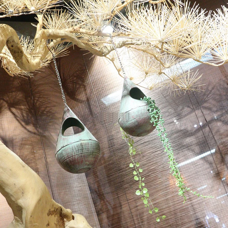 handcrafted vintage green iron ceiling hanging flower planter (2)