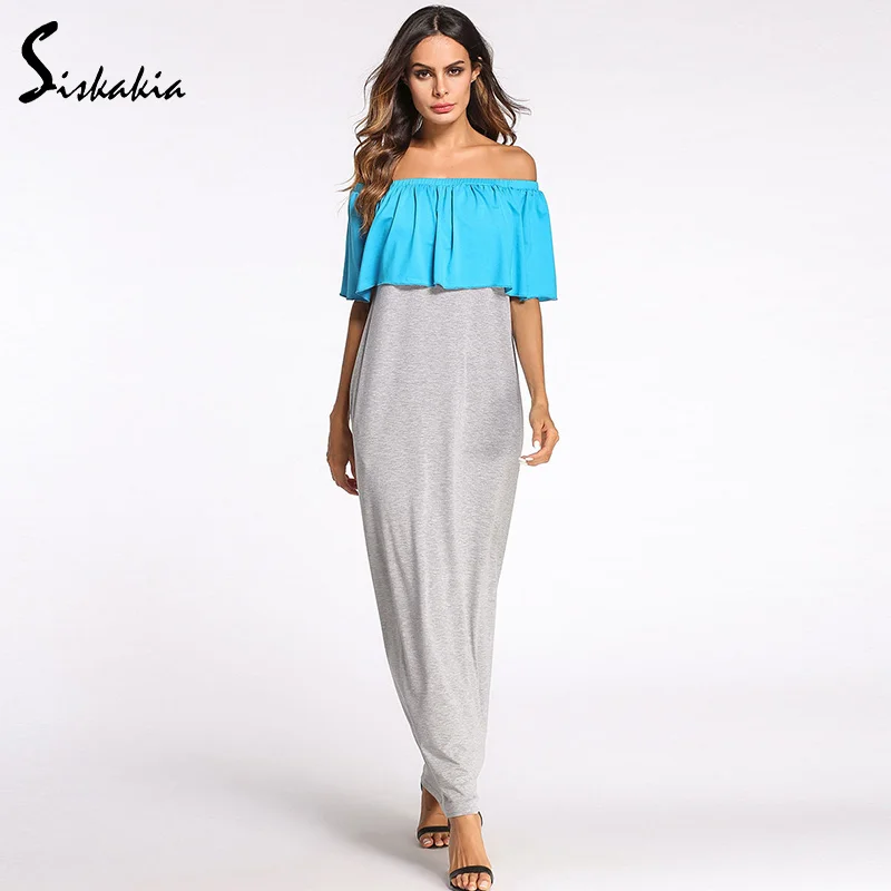 Siskakia с открытыми плечами Slash шеи Футболка длинное платье для женщин модные