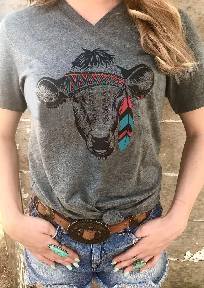 

Summer New Women T-Shirt Tribal Cow Head Print Fashion V-Neck T-Shirt Casual Women Short Sleeve t shirt Ladies Tops Tee