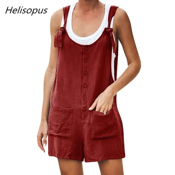 

Helisopus 2020 Vintage Cotton Linen Casual Jumpsuit Summer Solid Button Pocket Strapless Rompers Women Playsuit