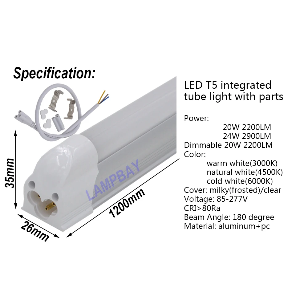 LED T5 통합 튜브 조명, 조도 조절 가능, 20W, 24W, 선형 조명 고정장치, 피팅 포함, 빠른 배송, 4 피트, 120cm, 48 인치