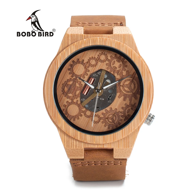 BOBO BIRD V-B09 Mens Bamboo Wood Watch 2035 Movement Exposed Design Luminous Hands Quartz Watch montre homme marque de luxe