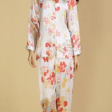 100 шелк шелкопряда Шелковый дом женский длинный рукав шелковые пижамы костюм розовые цветы