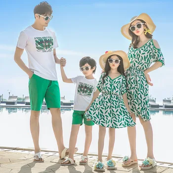 

Dad Son Matching Clothes Shirts+ Shorts Beach Mommy and Me Dress Mom and Daughter Dress Green Sister and Brother Clothes