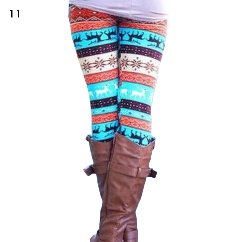 Зимние рождественские леггинсы размера плюс, женские длинные штаны с высокой талией, с цветочным принтом/лосем, термо теплые эластичные тонкие Мягкие штаны - Цвет: 11