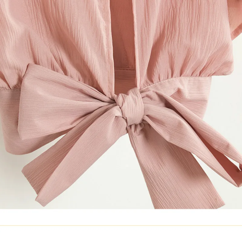 2019 New Summer V-neck Shirts Backless Bowtie Lace Up Chiffon Blouses High Waist Short Batwing Sleeved Sexy Tank Tops W70