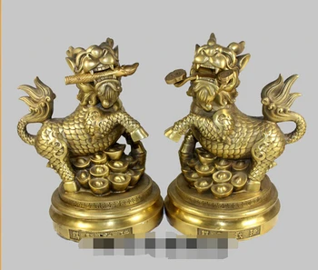 

10" China Fengshui Door Guardian Beast Dragon Kylin Bring Luck Bronze Statue R0713