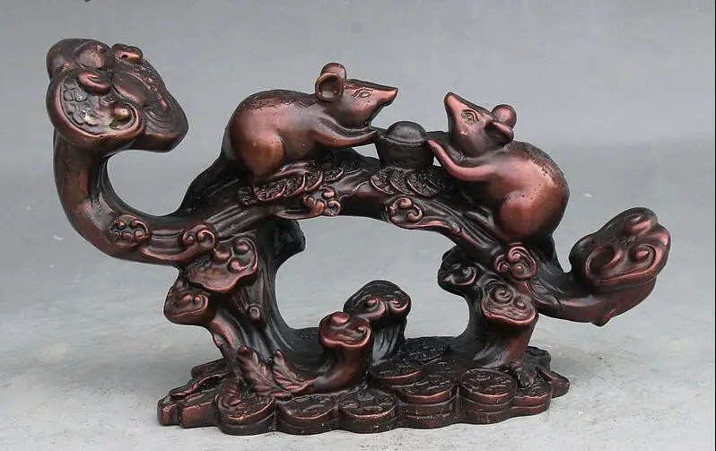 

free Folk China Fengshui Red Bronze Copper Money bI Yuanbao 2 Mouse Ruyi Ru Yi Statue fast