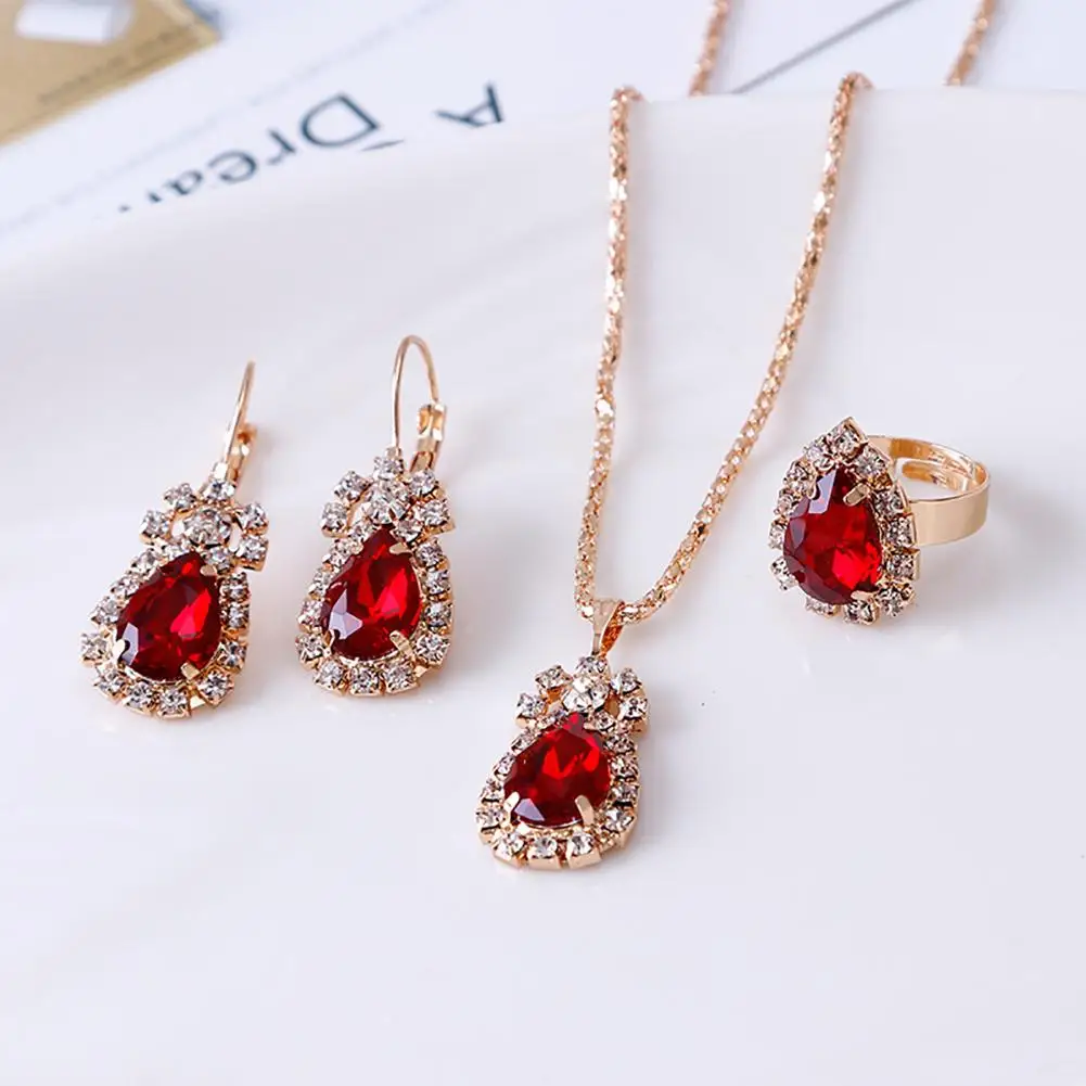 

Fashion Waterdrop Shiny Rhinestones Necklace Ring Earrings Women Jewelry Set Bridal jewelry set for women Elegant Party Gift