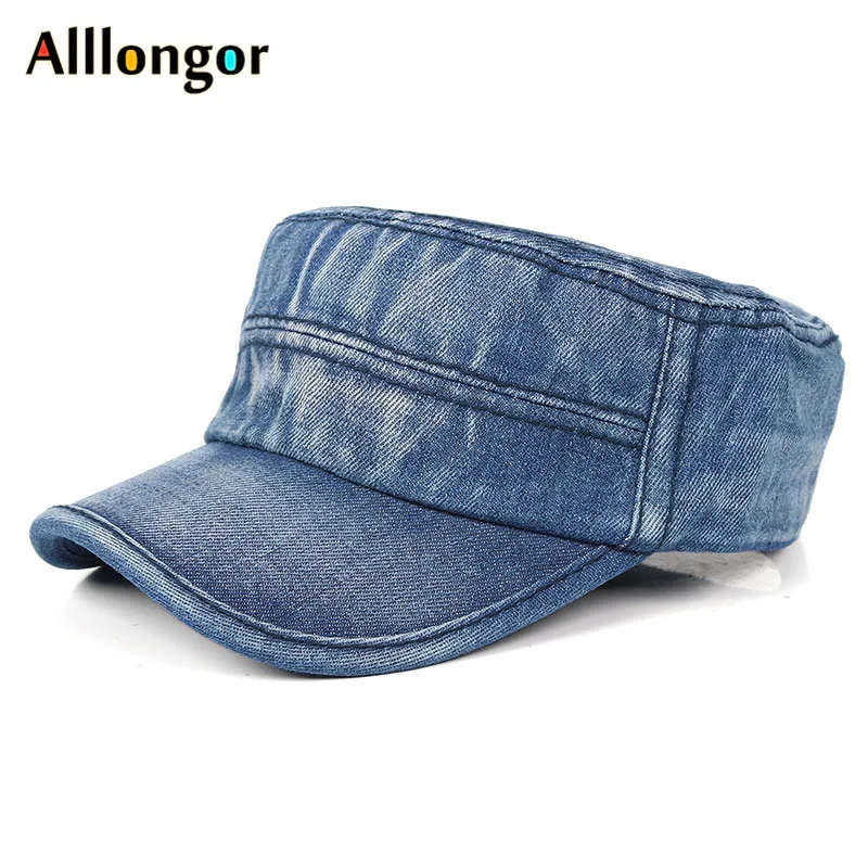 

Denim Flat Cap Men Summer 2019 Washed Cotton Baseball Cap Army Dad Hat Snapback militar Bone Male Retro Casual Solid Flat Top