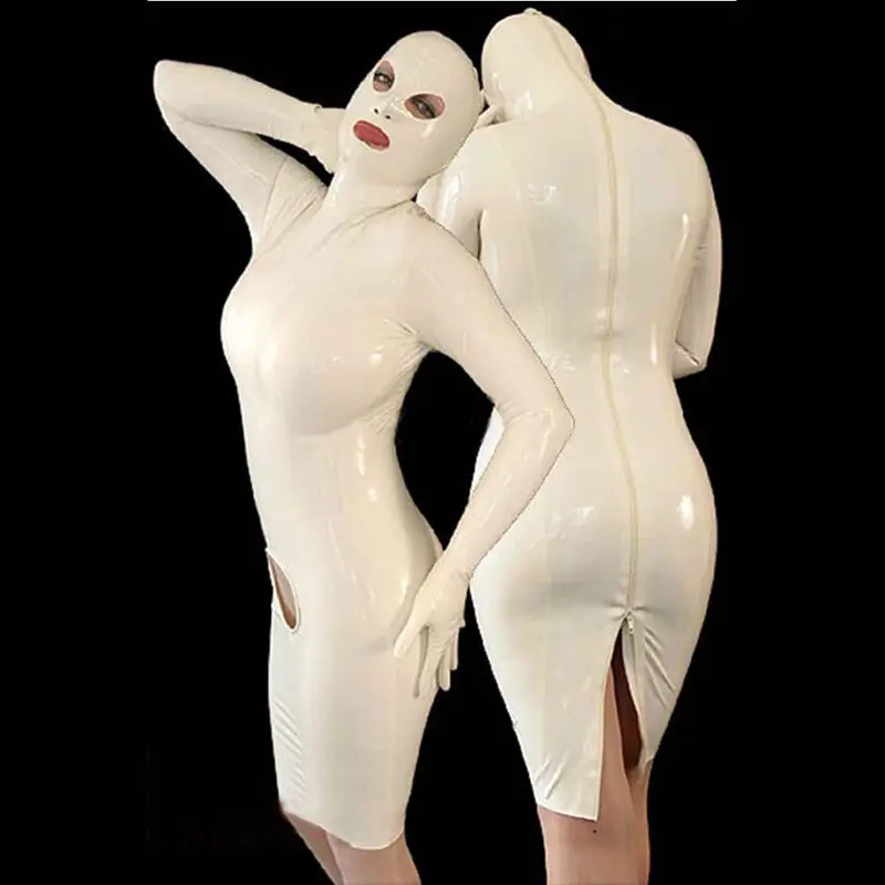 

Sexy White Latex Rubber Women Dress With Hood Mask Gummi 0.4mm Unique Party Wear