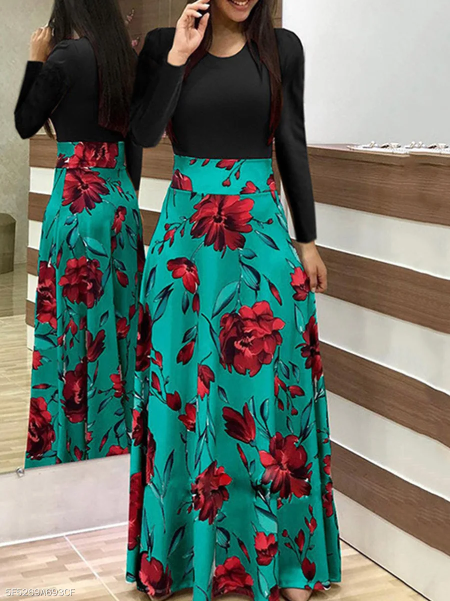 

Women Vintage Floral Printed Long Patchwork Dresses 2019 Autumn Fit And Flare Maxi Dress For Woman Elagant Lady Loose Dress Long