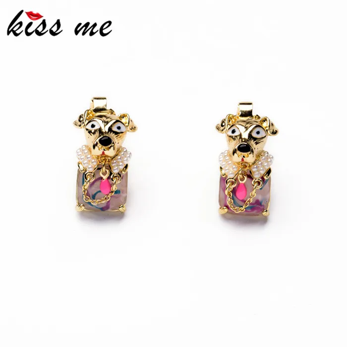 

Christmas Gifts for Women KISS ME Jewelry Colorful Glass Gold Color Cute Dog Cat Clip Earrings