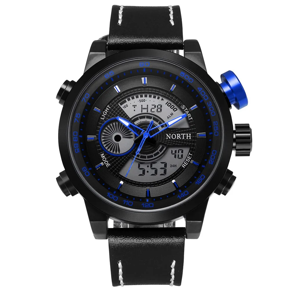 2017 Fashion Men Watches North Brand Sport Watch MultiFunction Dual Time Digital Japan Movement Leather Outdoor