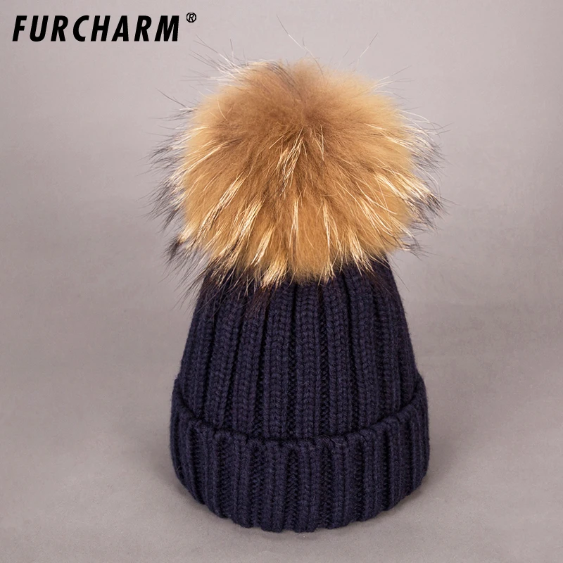 

FURCHARM Women fur hat for winter knitted wool beanies cap fluffy fur pom pom hats brand new fashion casual caps good quality